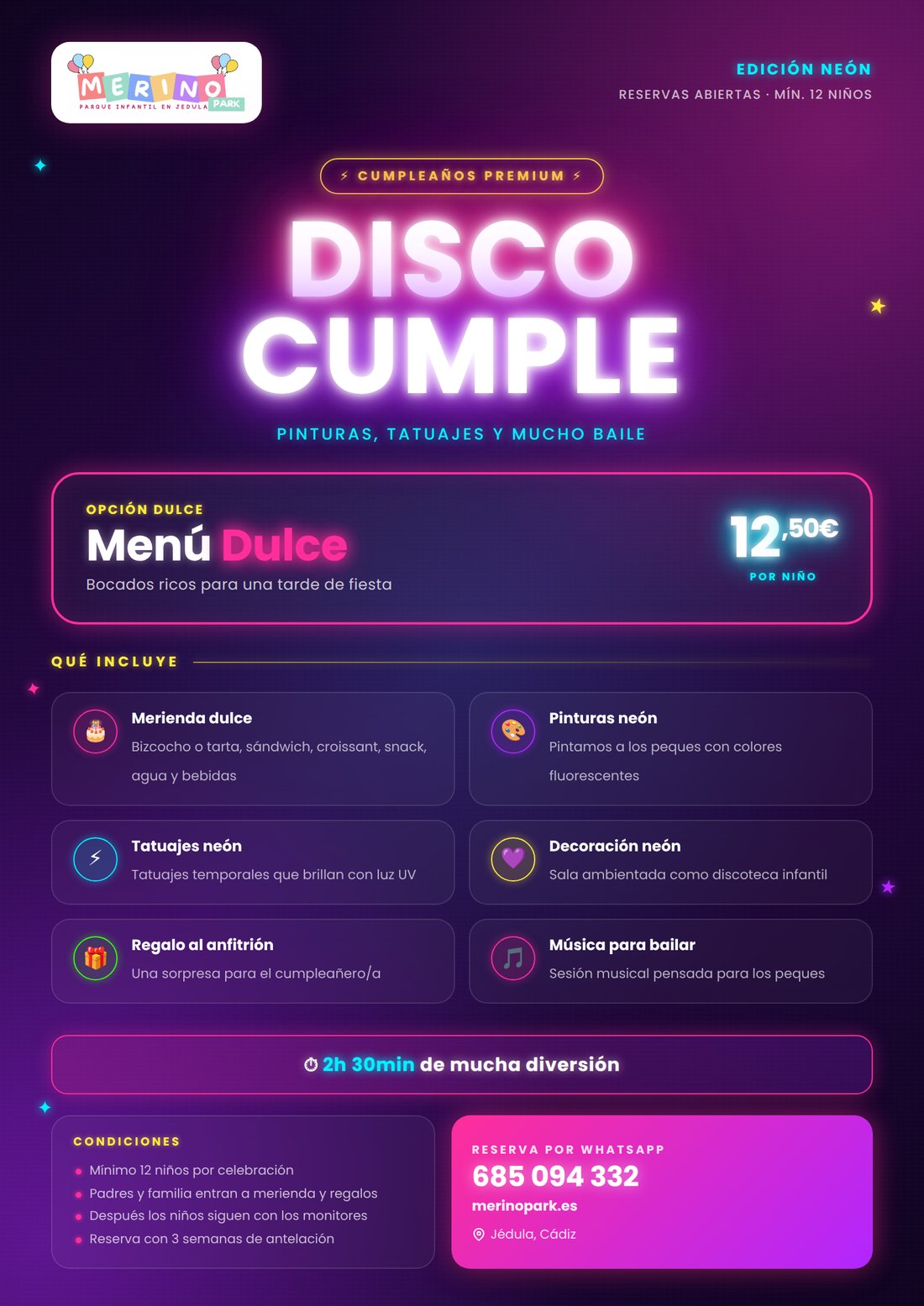 Cartel del Disco Cumple Dulce con pinturas y tatuajes neón en MerinoPark Jédula