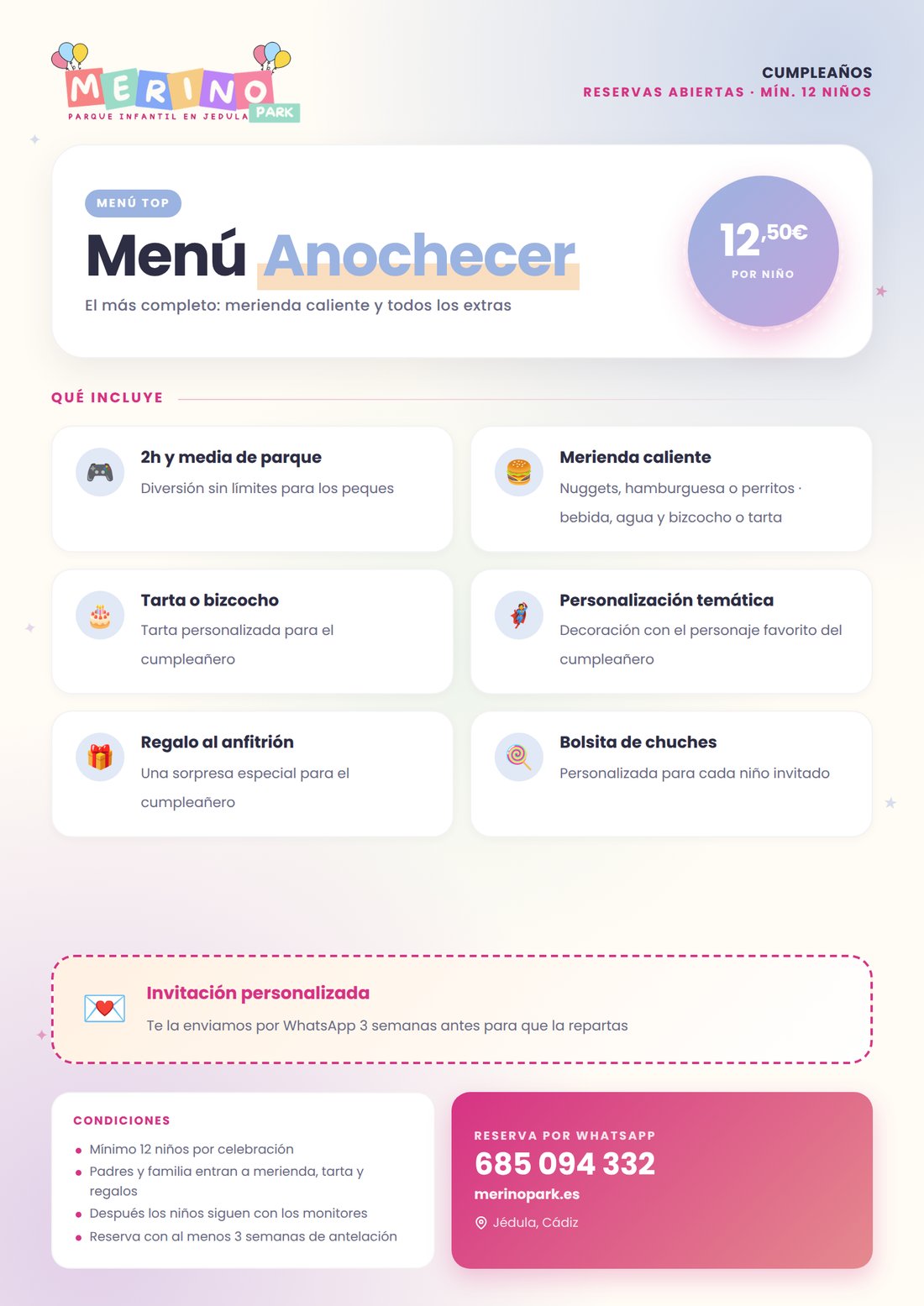 Cartel del Menú Anochecer con merienda caliente de MerinoPark Jédula