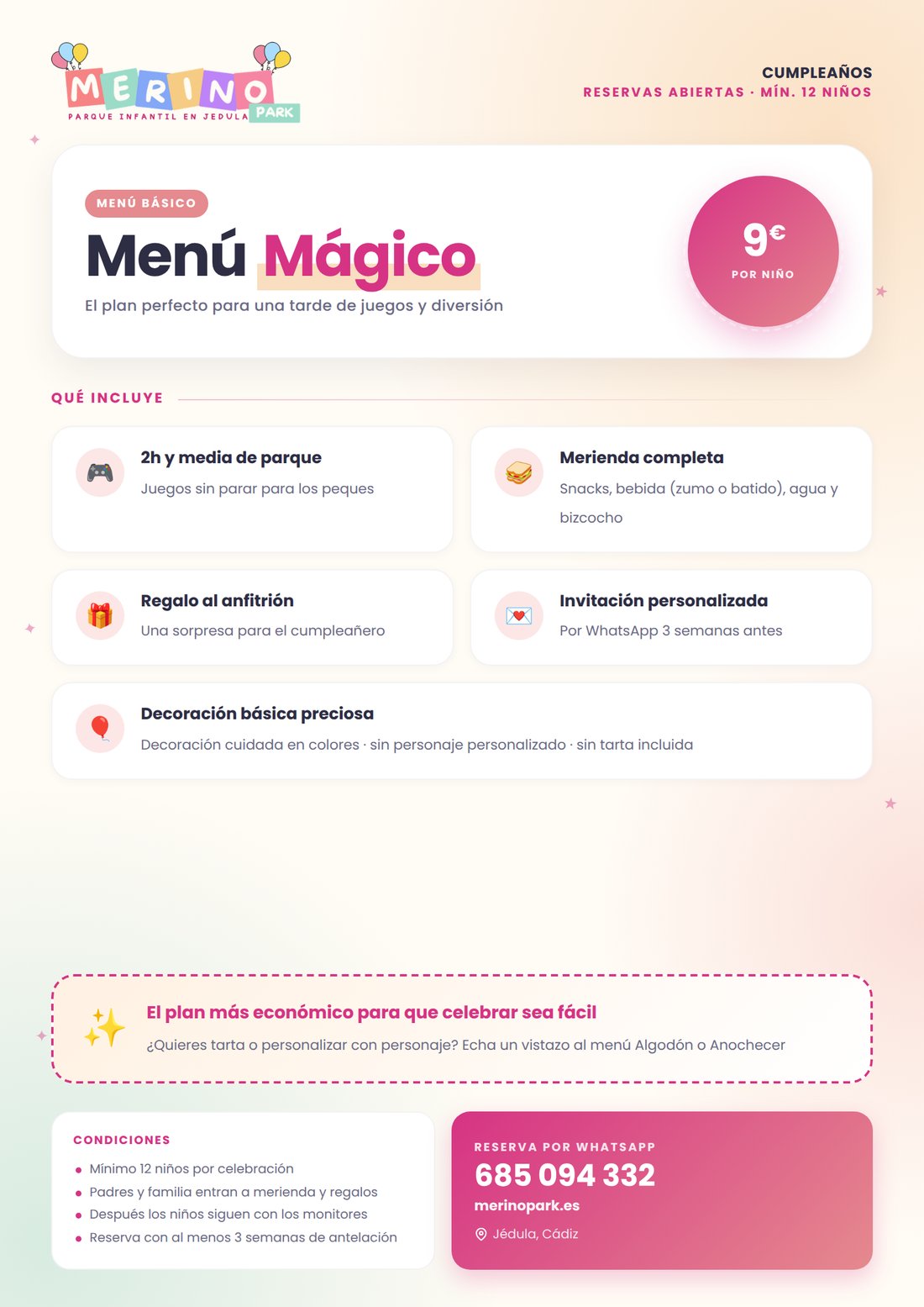 Cartel del Menú Mágico de cumpleaños en MerinoPark Jédula